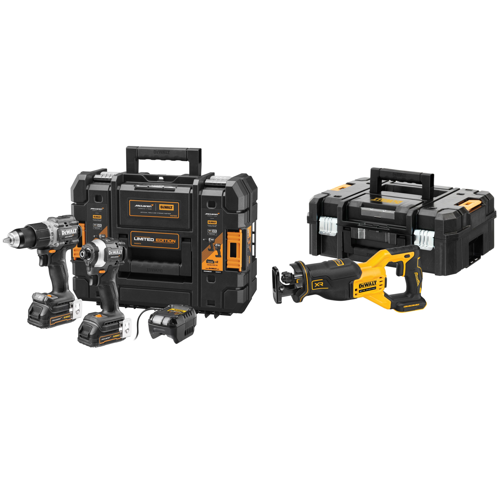 dck200me2gt-dewalt-mclaren-edition-18v-smuginis-suktuvas-suktuvas-greztuvas-2x17-ah-dcs382nt-tiesinis-pjuklas DCK200ME2GT DeWALT McLaren Edition 18V smūginis suktuvas + suktuvas-gręžtuvas (2x1.7 Ah) + DCS382NT tiesinis pjūklas - Image 1