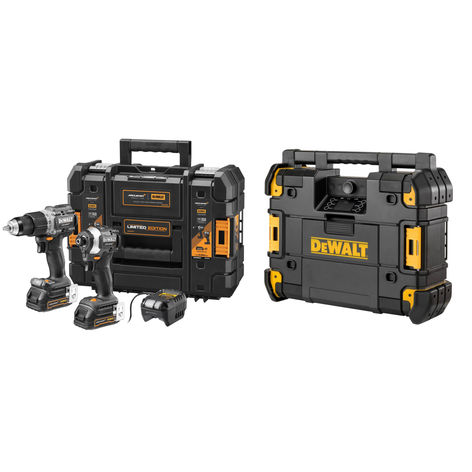 dck200me2gt-dewalt-mclaren-edition-18v-smuginis-suktuvas-suktuvas-greztuvas-2x17-ah-dwst1-81079-tstak-radijo-imtuvas DCK200ME2GT DeWALT McLaren Edition 18V smūginis suktuvas + suktuvas-gręžtuvas (2x1.7 Ah) + DWST1-81079 TSTAK radijo imtuvas - Image 1