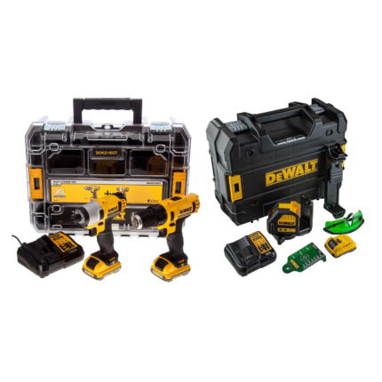 DCK211D2T DeWALT 12V suktuvų rinkinys + DCE088D1G kryžminių linijų lazerinis nivelyras