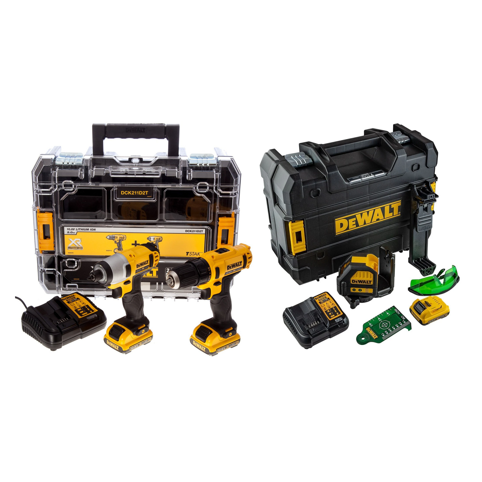 dck211d2t-dewalt-12v-suktuvu-rinkinys-dce088d1g-kryzminiu-liniju-lazerinis-nivelyras DCK211D2T DeWALT 12V suktuvų rinkinys + DCE088D1G kryžminių linijų lazerinis nivelyras - Image 1