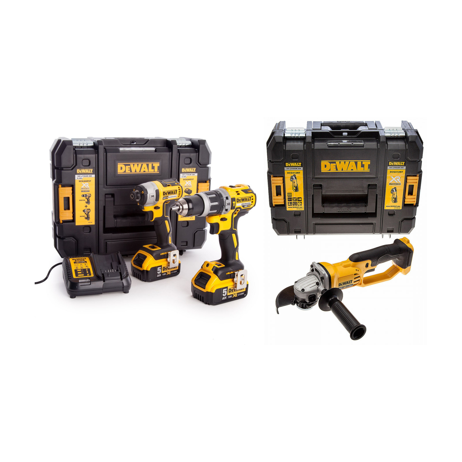 dck266p2t-dewalt-18v-xr-smuginis-suktuvas-suktuvas-greztuvas-dcg412nt-18v-kampinis-slifuoklis DCK266P2T DeWALT 18V XR smūginis suktuvas + suktuvas-gręžtuvas + DCG412NT 18V kampinis šlifuoklis - Image 1
