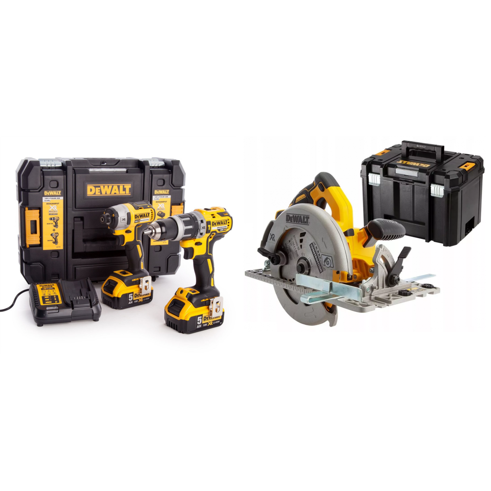 dck266p2t-dewalt-18v-xr-smuginis-suktuvas-suktuvas-greztuvas-dcs572nt-18v-diskinis-pjuklas DCK266P2T DeWALT 18V XR smūginis suktuvas + suktuvas-gręžtuvas + DCS572NT 18V diskinis pjūklas - Image 1
