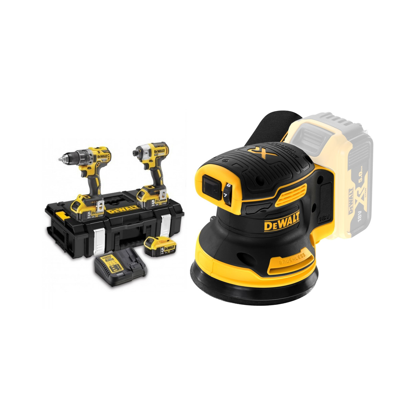 dck266p3-dewalt-18v-rinkinys-dcf887-smuginis-suktuvas-dcd796-suktuvas-greztuvas-dcw210n-18v-125-mm-ekscentrinis-slifuoklis DCK266P3 DeWALT 18V rinkinys DCF887 smūginis suktuvas + DCD796 suktuvas-gręžtuvas + DCW210N 18V 125 mm ekscentrinis šlifuoklis - Image 1