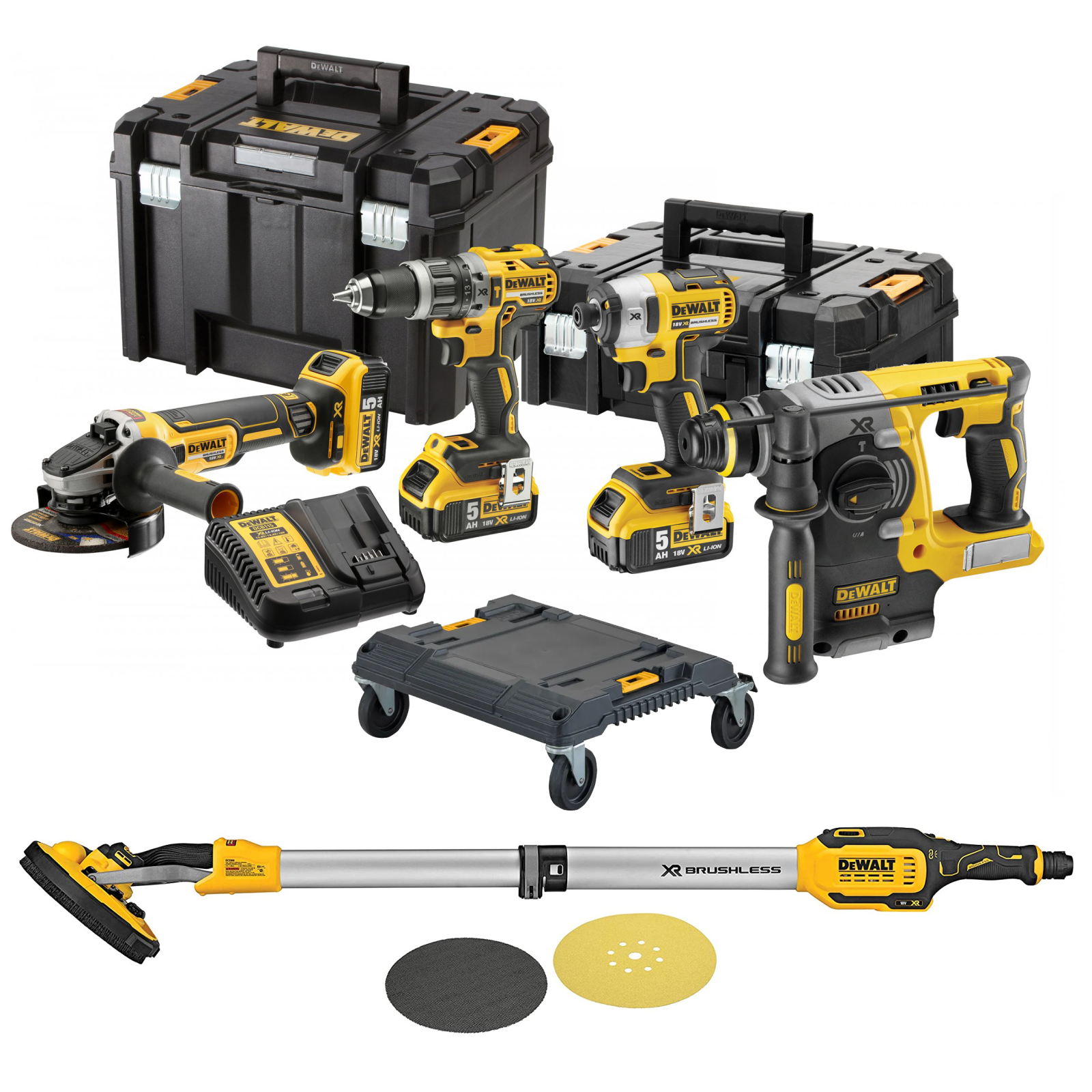 dck422p3t-dewalt-18v-combo-rinkinys-3x50-ah-dce800n-18v-sienu-ir-lubu-slifuoklis-zirafa-dovana DCK422P3T DeWALT 18V combo rinkinys (3x5.0 Ah) + DCE800N 18V sienų ir lubų šlifuoklis "žirafa" + DOVANA! - Image 1