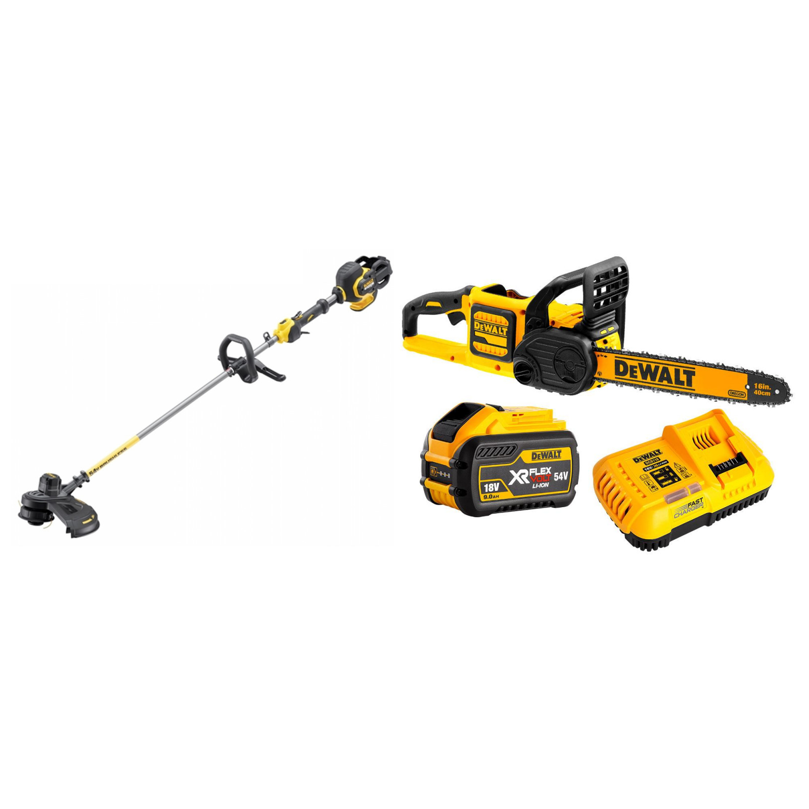dcm575x1-dewalt-flexvolt-54v-grandininis-pjuklas-dcm571n-flexvolt-54v-zoliapjove-trimeris DCM575X1 DeWALT FLEXVOLT 54V grandininis pjūklas + DCM571N FLEXVOLT 54V žoliapjovė - trimeris - Image 1