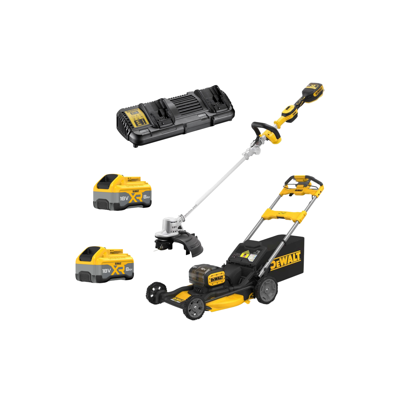 dcmk202w2-dewalt-18v-savaeiges-zoliapjoves-ir-sulankstomo-trimerio-rinkinys-2x80-ah DCMK202W2 DeWALT 18V savaeigės žoliapjovės ir sulankstomo trimerio rinkinys (2x8.0 Ah) - Image 1