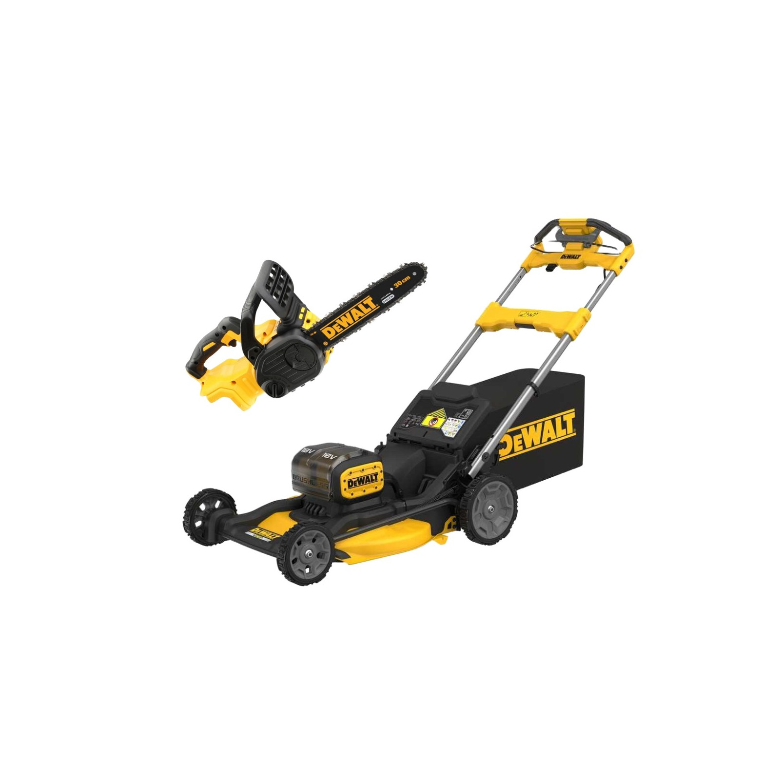 dcmwsp156n-dewalt-2x18v-savaeige-akumuliatorine-zoliapjove-dcm565n-18v-grandininis-pjuklas-30-cm DCMWSP156N DeWALT 2x18V savaeigė akumuliatorinė žoliapjovė + DCM565N 18V grandininis pjūklas 30 cm - Image 1