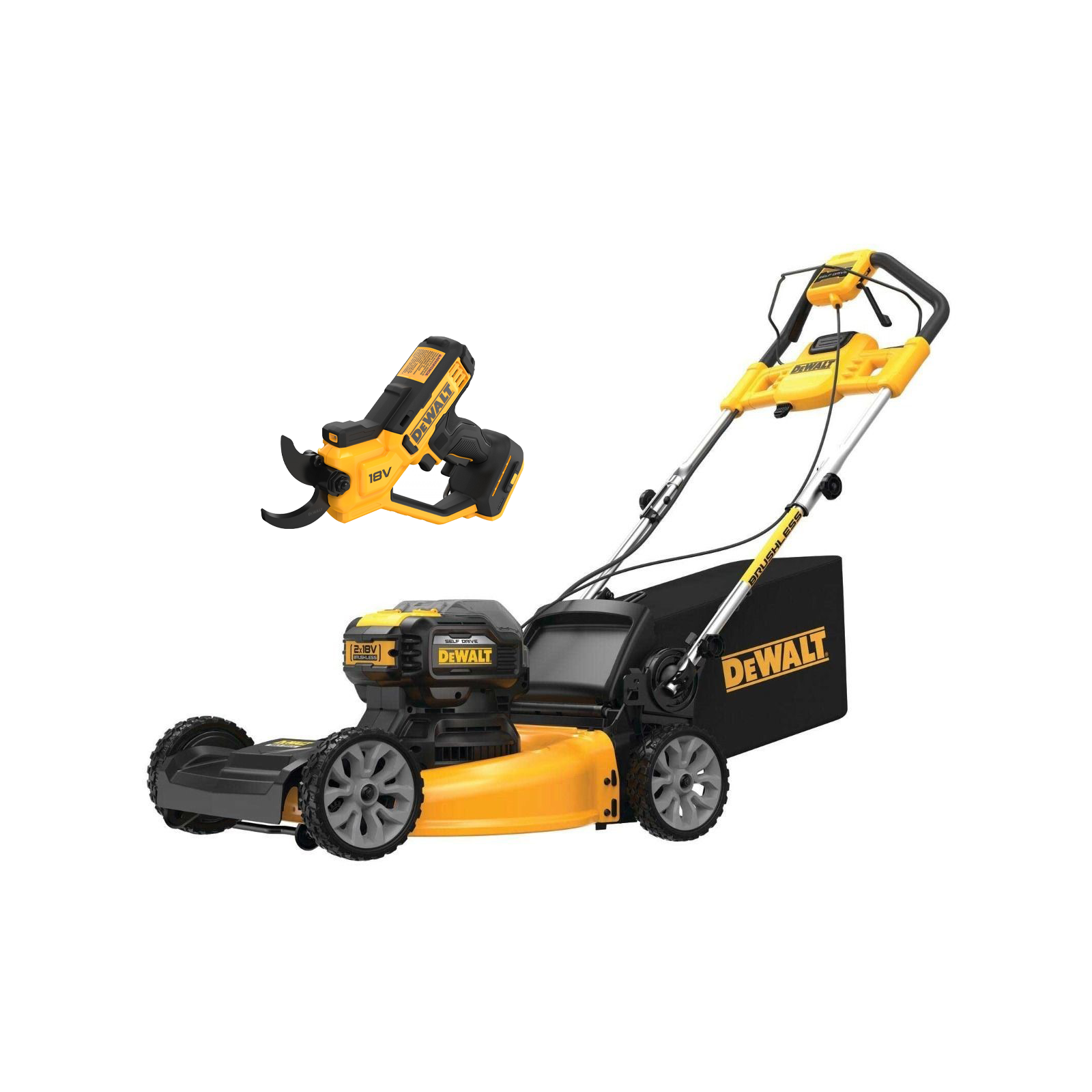 dcmwsp564n-dewalt-2x18v-xr-akumuliatorine-savaeige-zoliapjove-dcmpp568n-18v-sekatorius DCMWSP564N DeWALT 2x18V XR akumuliatorinė savaeigė žoliapjovė + DCMPP568N 18V sekatorius - Image 1