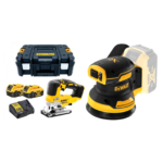 DCS334P2 DeWALT 18V siaurapjūklis + DCW210N 18V 125 mm ekscentrinis šlifuoklis
