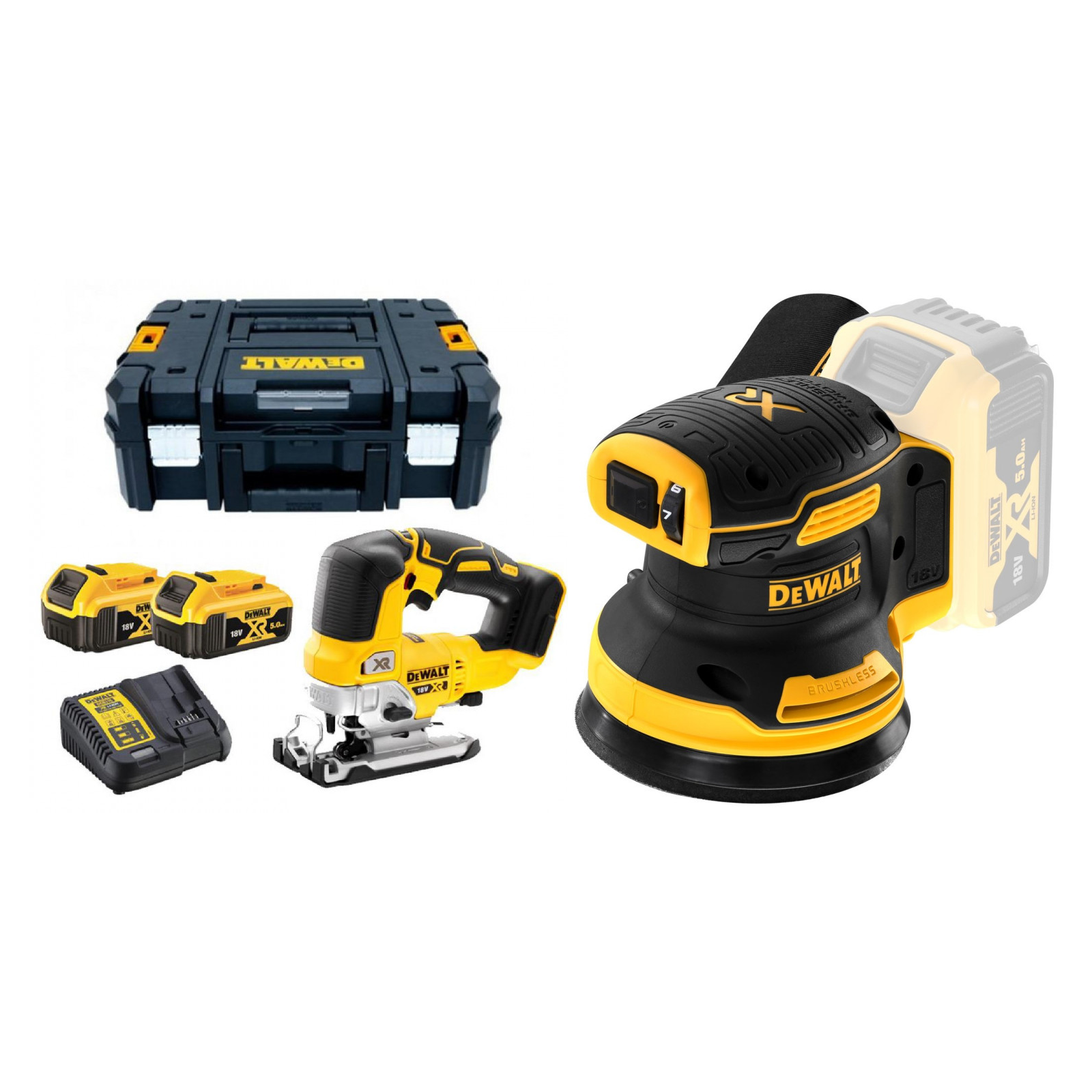 dcs334p2-dewalt-18v-siaurapjuklis-dcw210n-18v-125-mm-ekscentrinis-slifuoklis DCS334P2 DeWALT 18V siaurapjūklis + DCW210N 18V 125 mm ekscentrinis šlifuoklis - Image 1