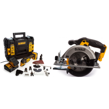 DCS356P2 DeWALT 18V daugiafunkcinis įrankis + DCS391N DeWALT 18V diskinis pjūklas