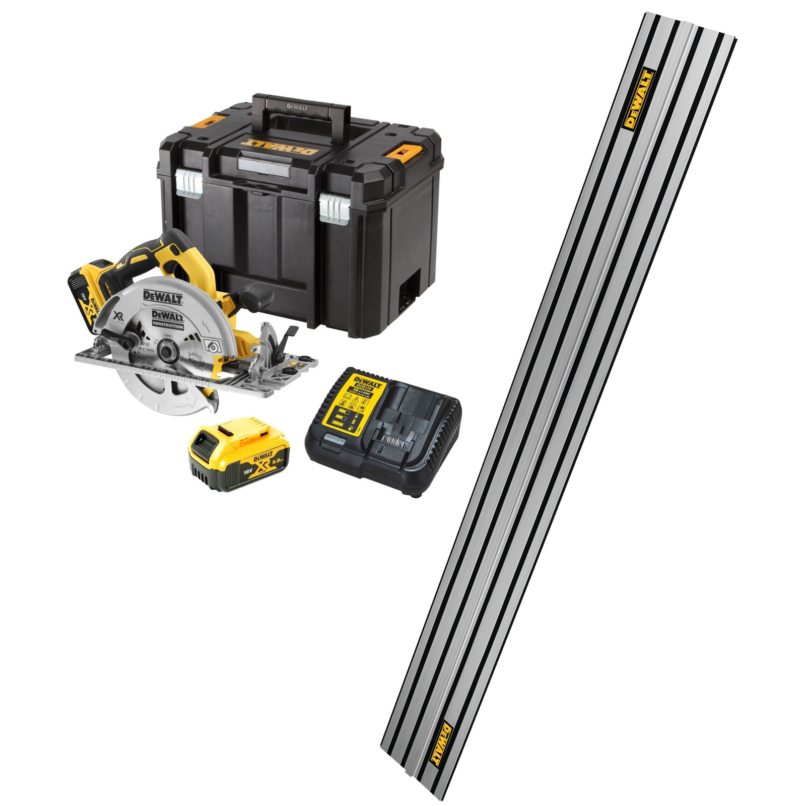 dcs572p2-dewalt-18v-diskinis-pjuklas-dws5022-15m-kreipiancioji-liniuote DCS572P2 DeWALT 18V diskinis pjūklas + DWS5022 1.5m kreipiančioji liniuotė - Image 1
