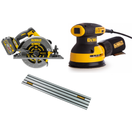 DCS579N DeWALT FLEXVOLT 54V diskinis pjūklas + DWE6423 šlifuoklis 280W + DWS5022 1.5 m kreipančioji liniuotė