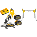 DCS777T2 DeWALT FLEXVOLT 54V skersinio pjovimo staklės + DE7033 kompaktiškas stalas (2x6.0 Ah)