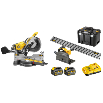 DHS780N DeWALT FLEXVOLT 54V XPS skersinio pjovimo staklės + DCS520T2R 54V įleidžiamas diskinis pjūklas su liniuote