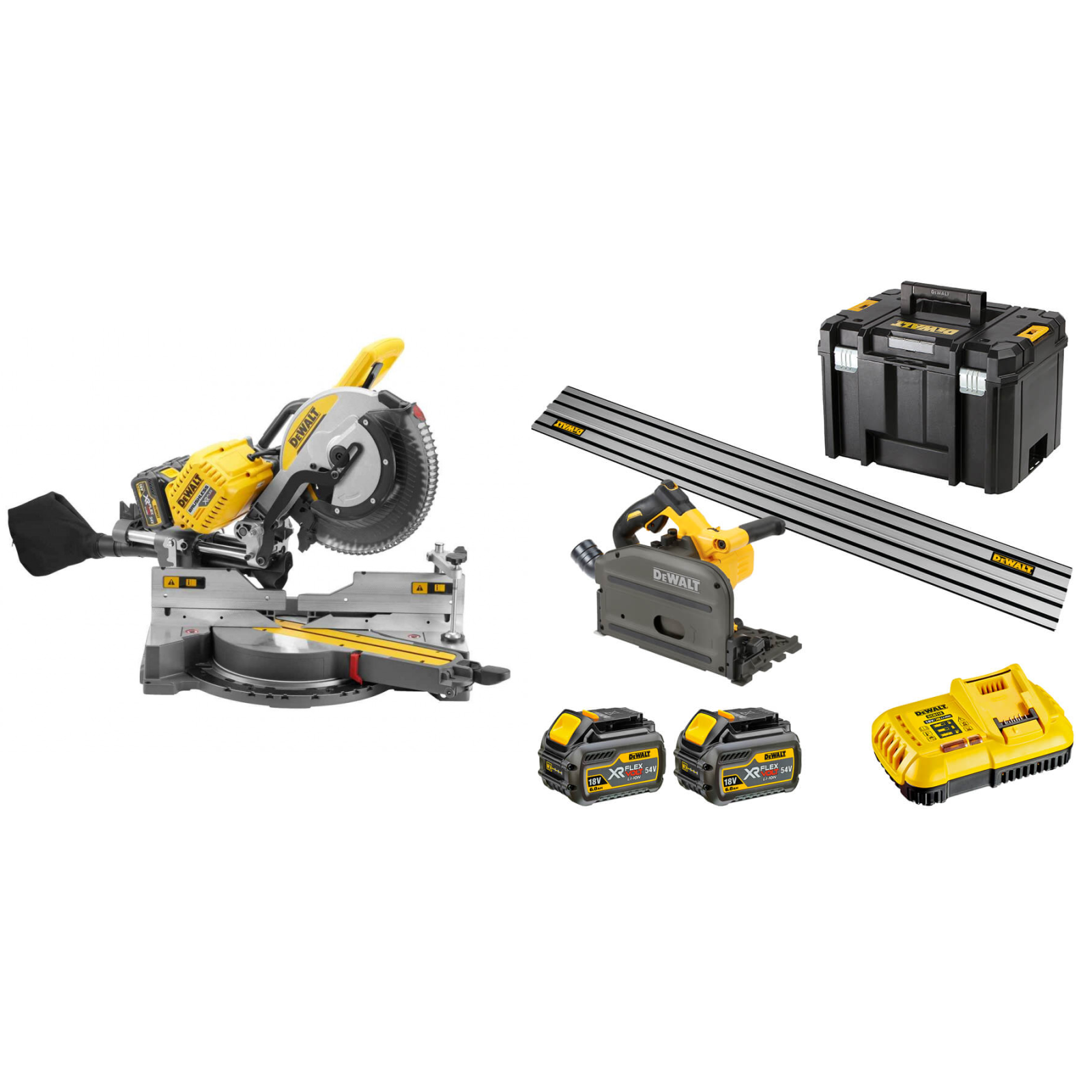 dhs780n-dewalt-flexvolt-54v-xps-skersinio-pjovimo-stakles-dcs520t2r-54v-ileidziamas-diskinis-pjuklas-su-liniuote DHS780N DeWALT FLEXVOLT 54V XPS skersinio pjovimo staklės + DCS520T2R 54V įleidžiamas diskinis pjūklas su liniuote - Image 1