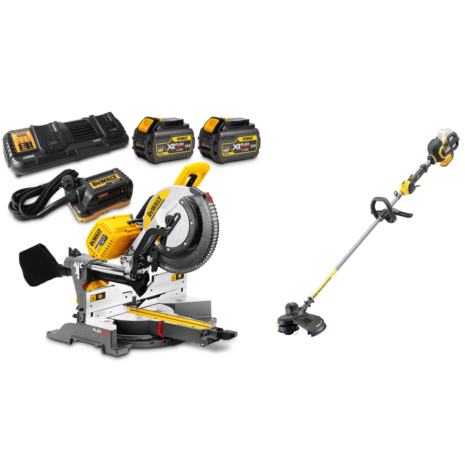 dhs780t2a-dewalt-flexvolt-54v-xps-skersinio-pjovimo-stakles-305-mm-dcm571n-54v-trimeris DHS780T2A DeWALT FLEXVOLT 54V XPS skersinio pjovimo staklės (305 mm) + DCM571N 54V trimeris - Image 1