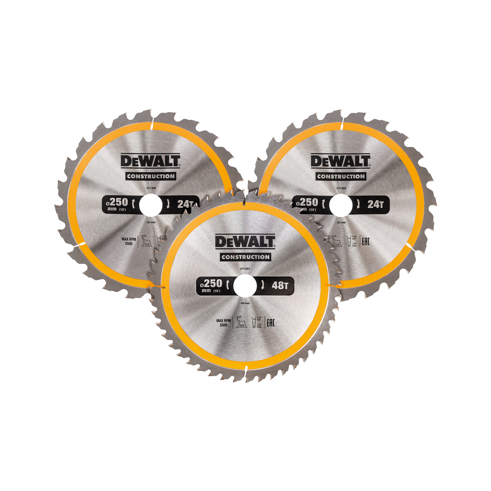 dt1963-dewalt-250-mm-pjovimo-diskai-medienai-2x24t-1x48t DT1963 DeWALT 250 mm pjovimo diskai medienai 2x24T, 1x48T - Image 1