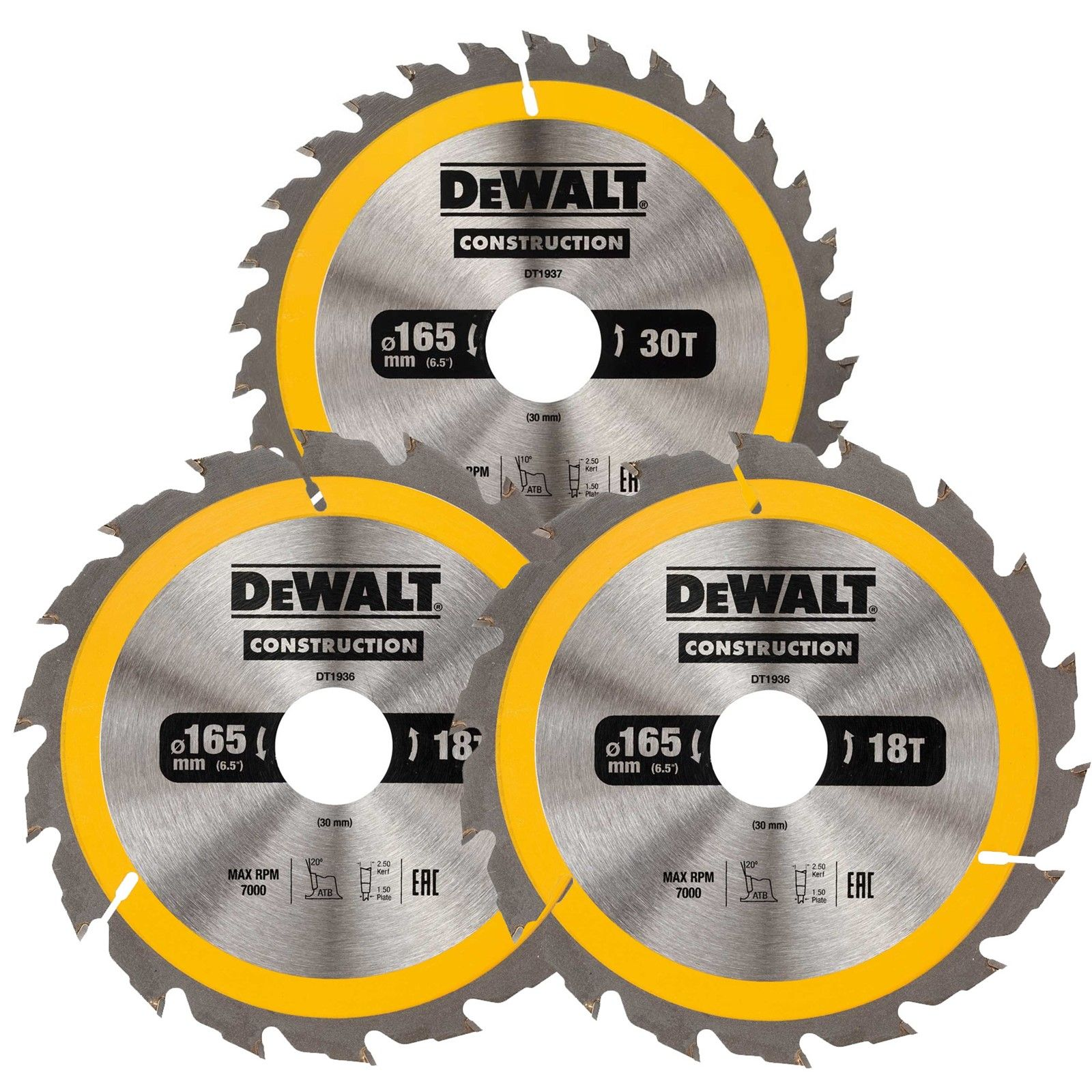 dt1965-dewalt-165-mm-pjovimo-diskai-medienai-2x18t-1x-30t DT1965 DeWALT 165 mm pjovimo diskai medienai, 2x18T 1x 30T - Image 1