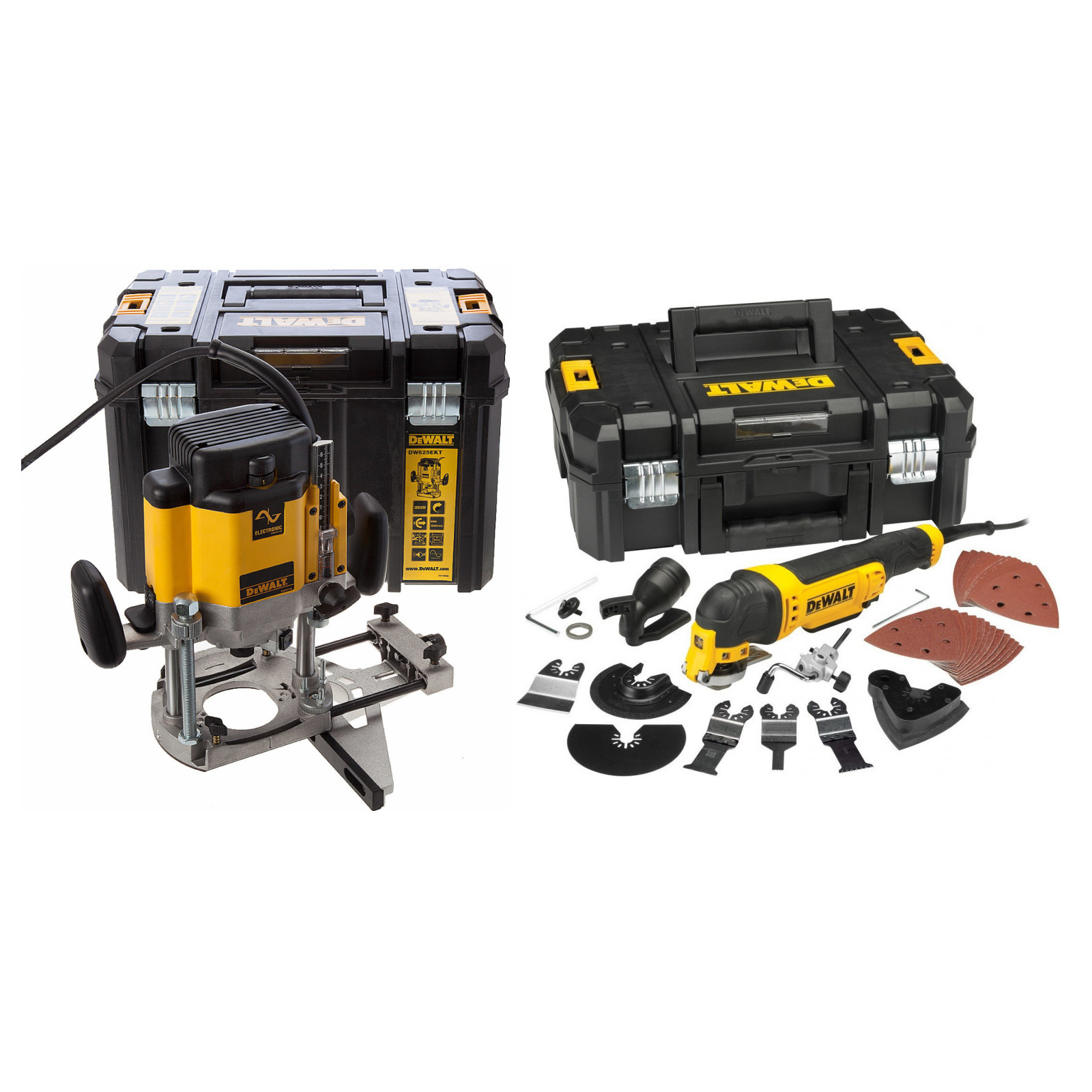 dwe315kt-dewalt-daugiafunkcinis-irankis-dw625ekt-kintamo-greicio-freza-2000-w DWE315KT DeWALT daugiafunkcinis įrankis + DW625EKT kintamo greičio freza 2000 W - Image 1