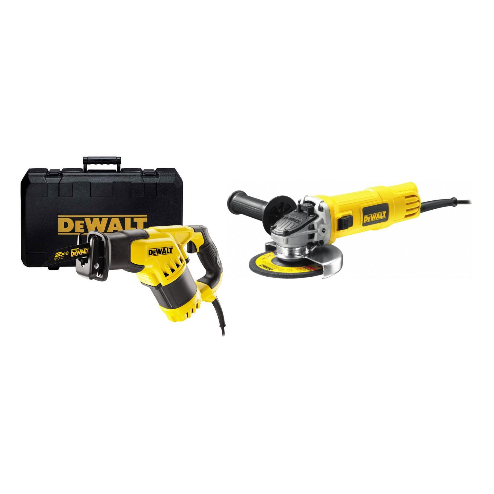 dwe357k-dewalt-1050-w-kompaktiskas-tiesinis-pjuklas-dwe4157-125-mm-kampinis-slifuoklis DWE357K DeWALT 1050 W kompaktiškas tiesinis pjūklas + DWE4157 125 mm kampinis šlifuoklis - Image 1