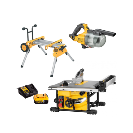 DWE7485 DeWALT išilginio pjovimo staklės išilginio + DE7400 pjovimo staklių stalas + DCV501LP1 rankinis siurblys (1x5.0 Ah)