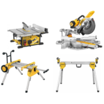 DWE7492 DeWALT išilginio pjovimo staklės + DE7400 stovas + DWS727 skersinio pjovimo staklės + DE7033 stalas