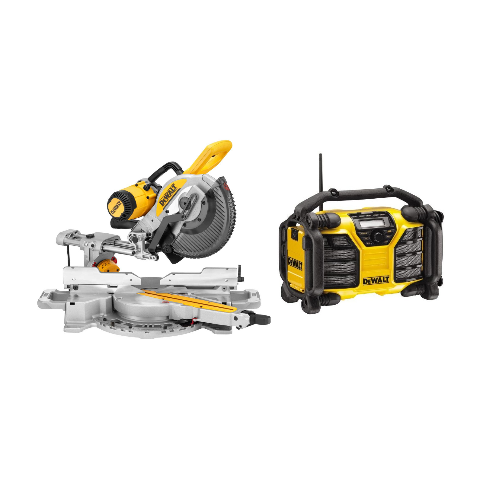 dws727-dewalt-skersinio-pjovimo-stakles-250mm-dcr017-radija-bateriju-ikroviklis DWS727 DeWALT skersinio pjovimo staklės (250mm) + DCR017 radija - baterijų įkroviklis - Image 1