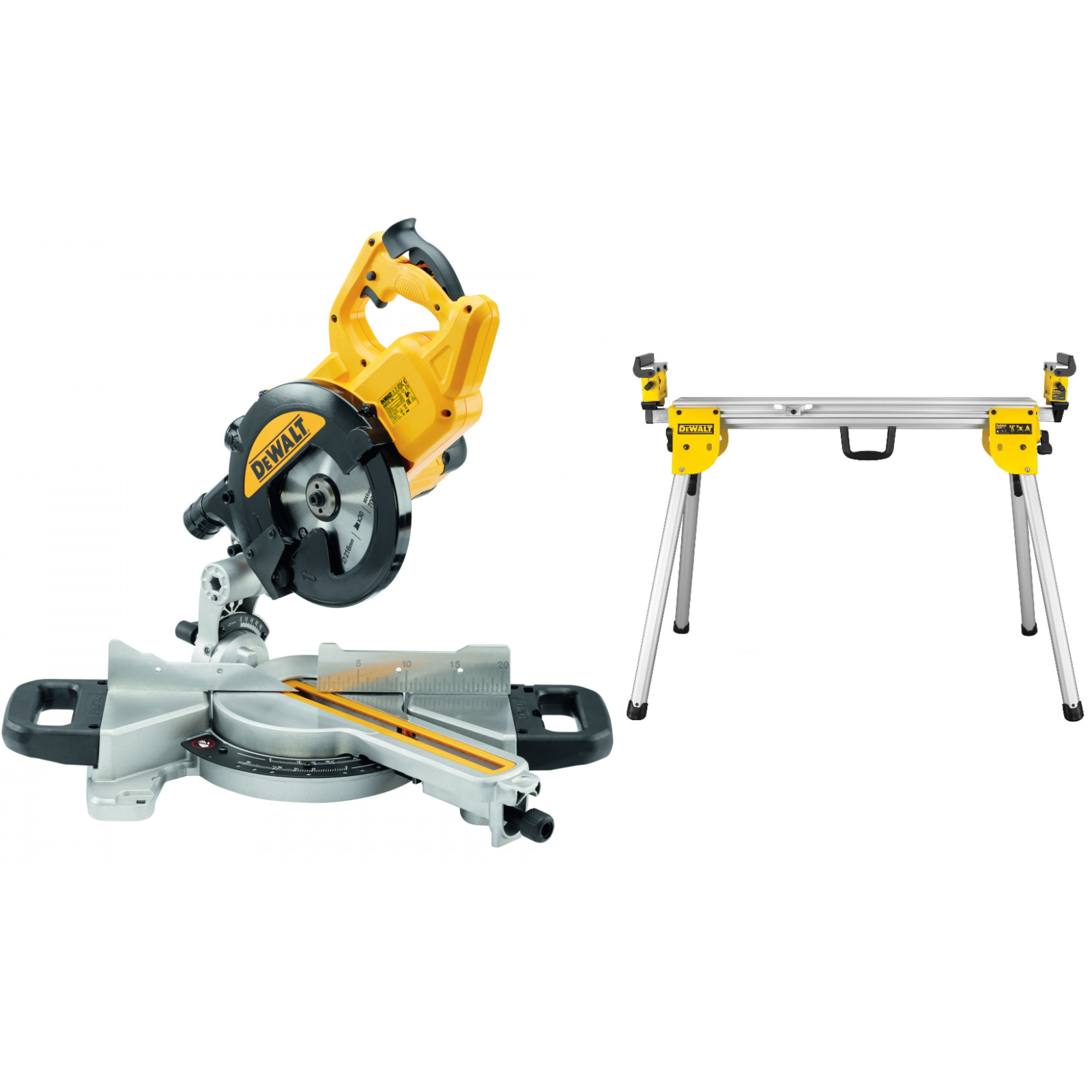 dws774-dewalt-216-mm-skersavimo-pjuklas-1400w-de7033-kompaktiskas-stalas DWS774 DeWALT 216 mm skersavimo pjūklas 1400W + DE7033 kompaktiškas stalas - Image 1