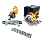 DWS774 DeWALT 216 mm skersavimo pjūklas 1400W + DWE576K diskinis pjūklas + DWS5022 1.5 m kreipančioji liniuotė