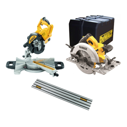 DWS774 DeWALT 216 mm skersavimo pjūklas 1400W + DWE576K diskinis pjūklas + DWS5022 1.5 m kreipančioji liniuotė