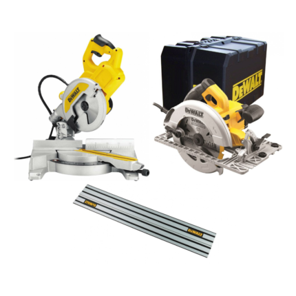 DWS777 DeWALT 216 mm skersinio pjovimo staklės + DWE576K diskinis pjūklas + DWS5022 1.5 m kreipančioji liniuotė