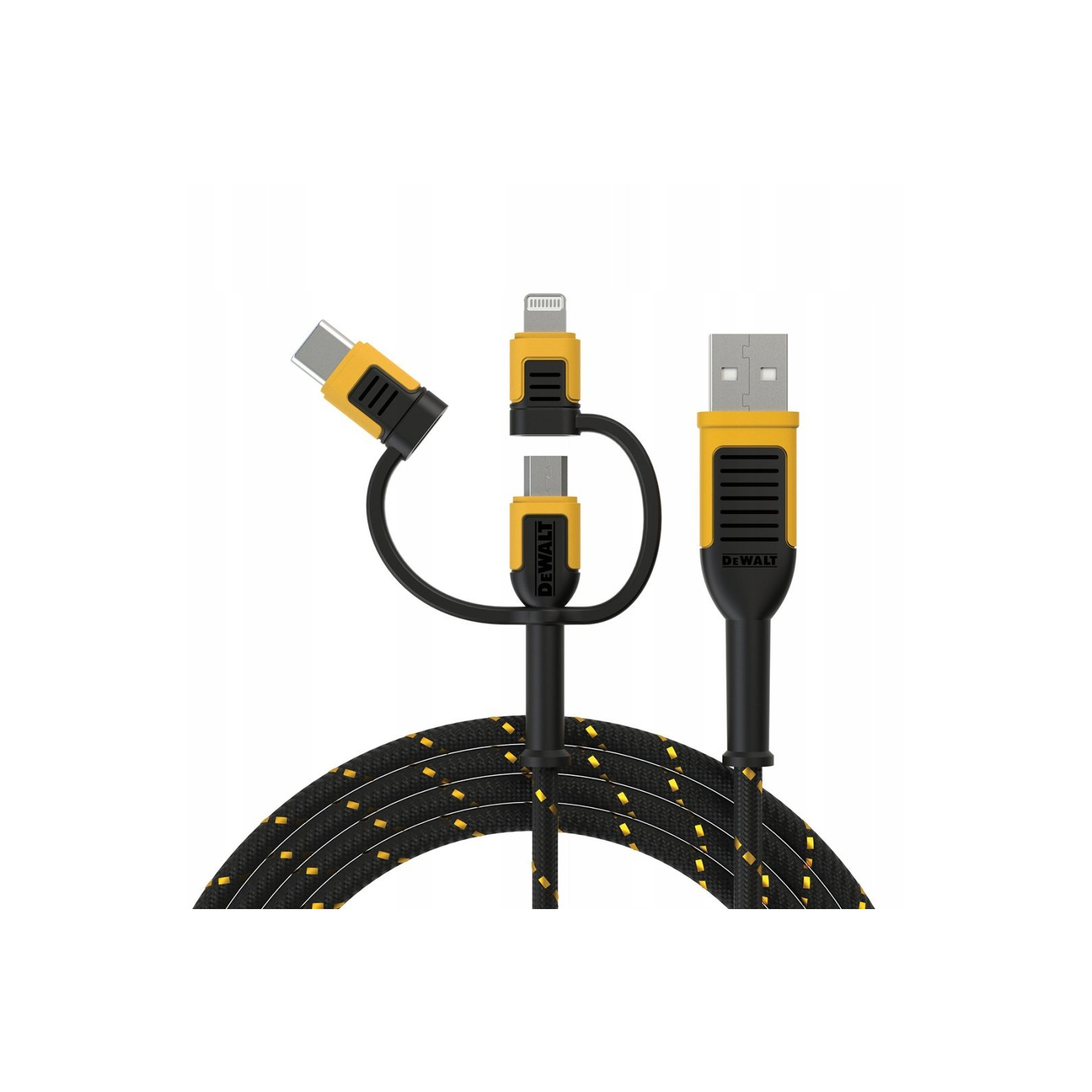 dxma131-1356-dwg-dewalt-3in1-usb-a-usb-c-microusb-lightning-kabelis-su-kevlaro-pluostu-18-m DXMA131-1356-DWG DeWALT 3IN1 USB A - USB C + microUSB + Lightning kabelis su kevlaro pluoštu 1,8 m - Image 1