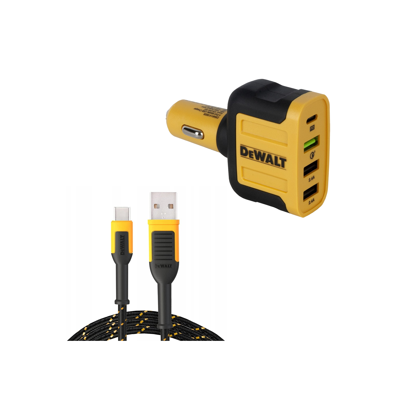 dxma141-9009-dwg-dewalt-4in1-automobilinis-ikroviklis-18-w-dxma131-1361-dwg-dewalt-usb-a-usb-c-kabelis DXMA141-9009-DWG DeWALT 4IN1 automobilinis įkroviklis 18 W + DXMA131-1361-DWG DeWALT USB A - USB C kabelis - Image 1