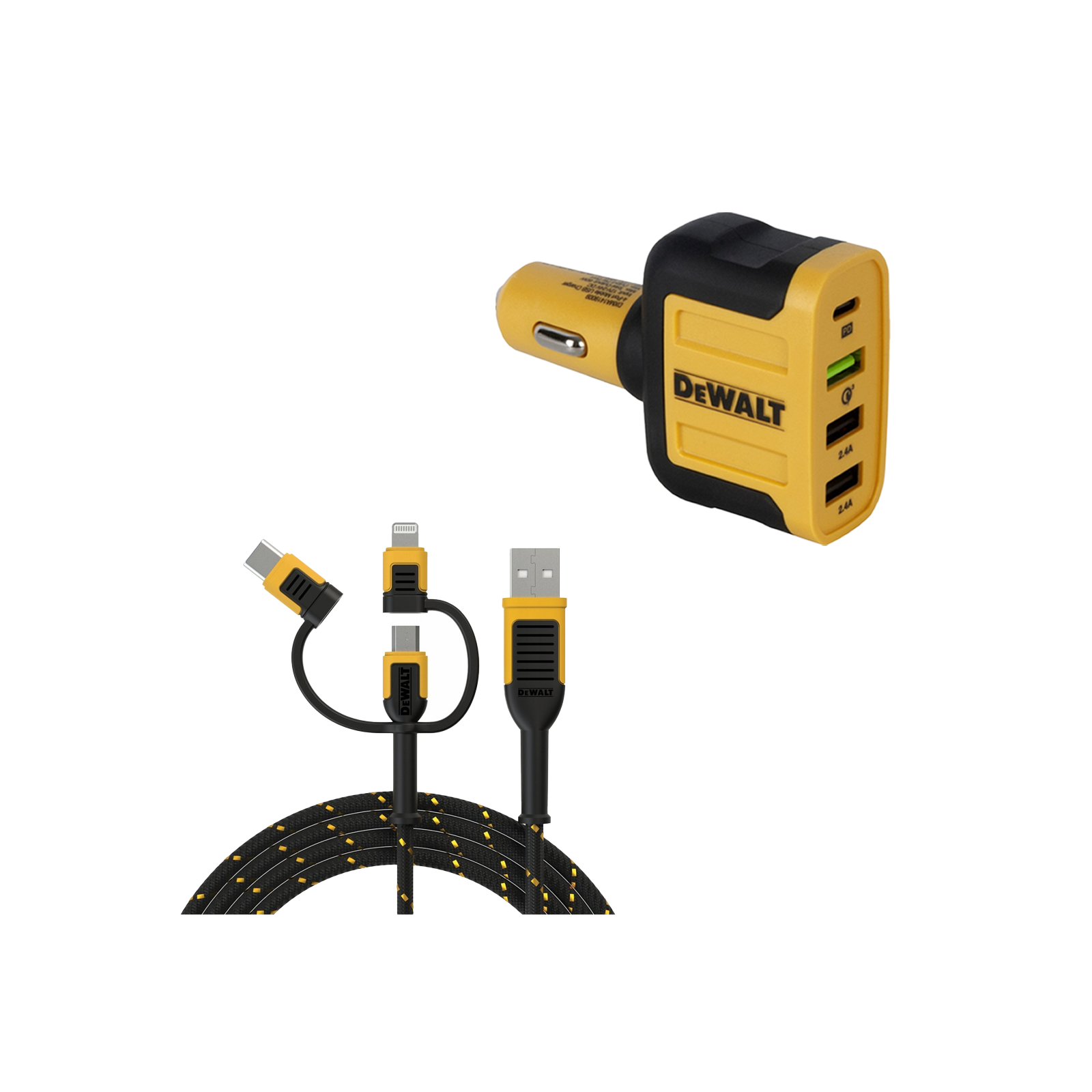 dxma141-9009-dwg-dewalt-4in1-automobilinis-ikroviklis-18w-dxma131-1356-dwg-dewalt-3in1-kabelis DXMA141-9009-DWG DeWALT 4IN1 automobilinis įkroviklis 18W + DXMA131-1356-DWG DeWALT 3IN1 kabelis - Image 1