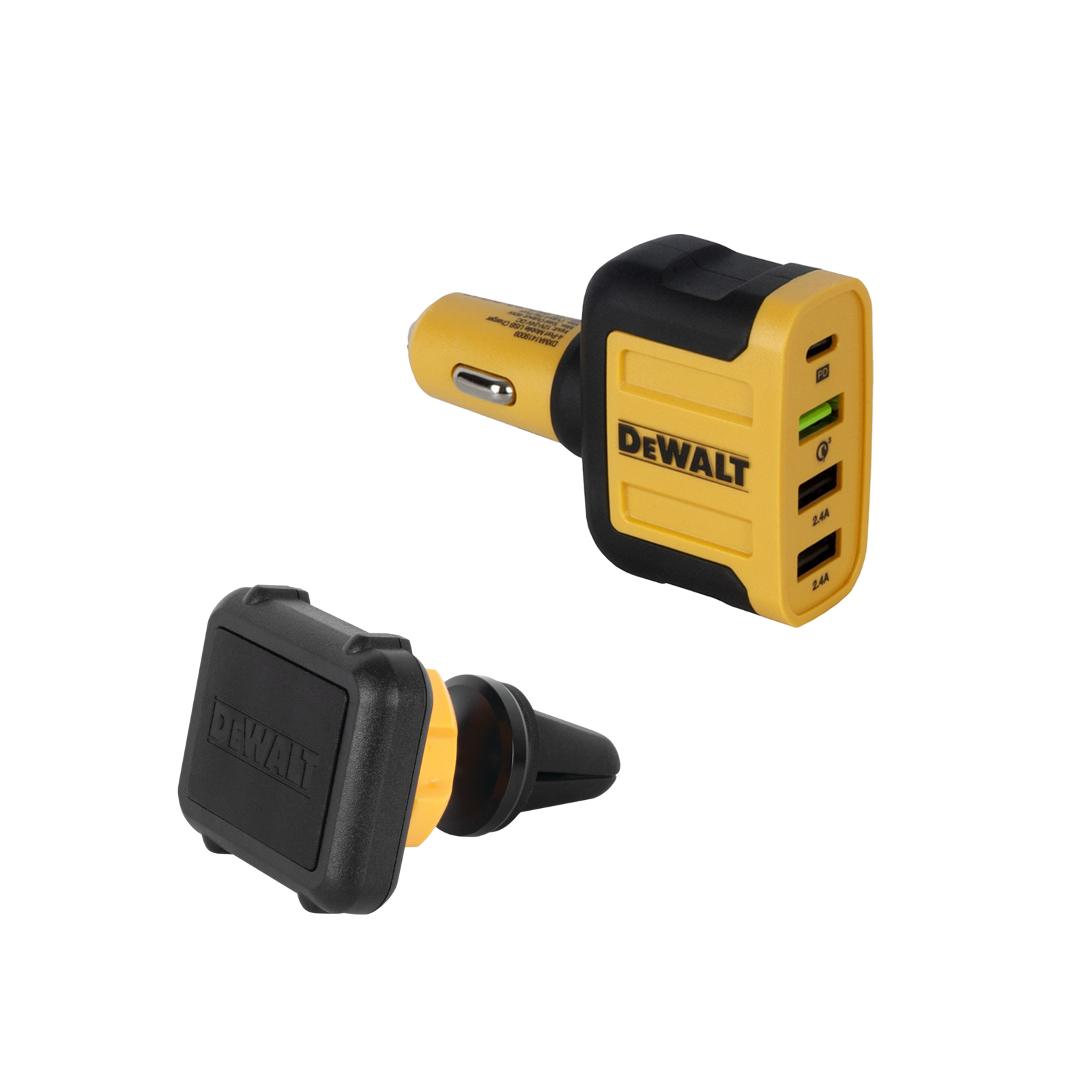 dxma141-9009-dwg-dewalt-4in1-automobilinis-ikroviklis-18w-dxma204-0435-dwg-dewalt-magnetinis-telefono-laikiklis-automobiliui DXMA141-9009-DWG DeWALT 4IN1 automobilinis įkroviklis 18W + DXMA204-0435-DWG DeWALT magnetinis telefono laikiklis automobiliui - Image 1