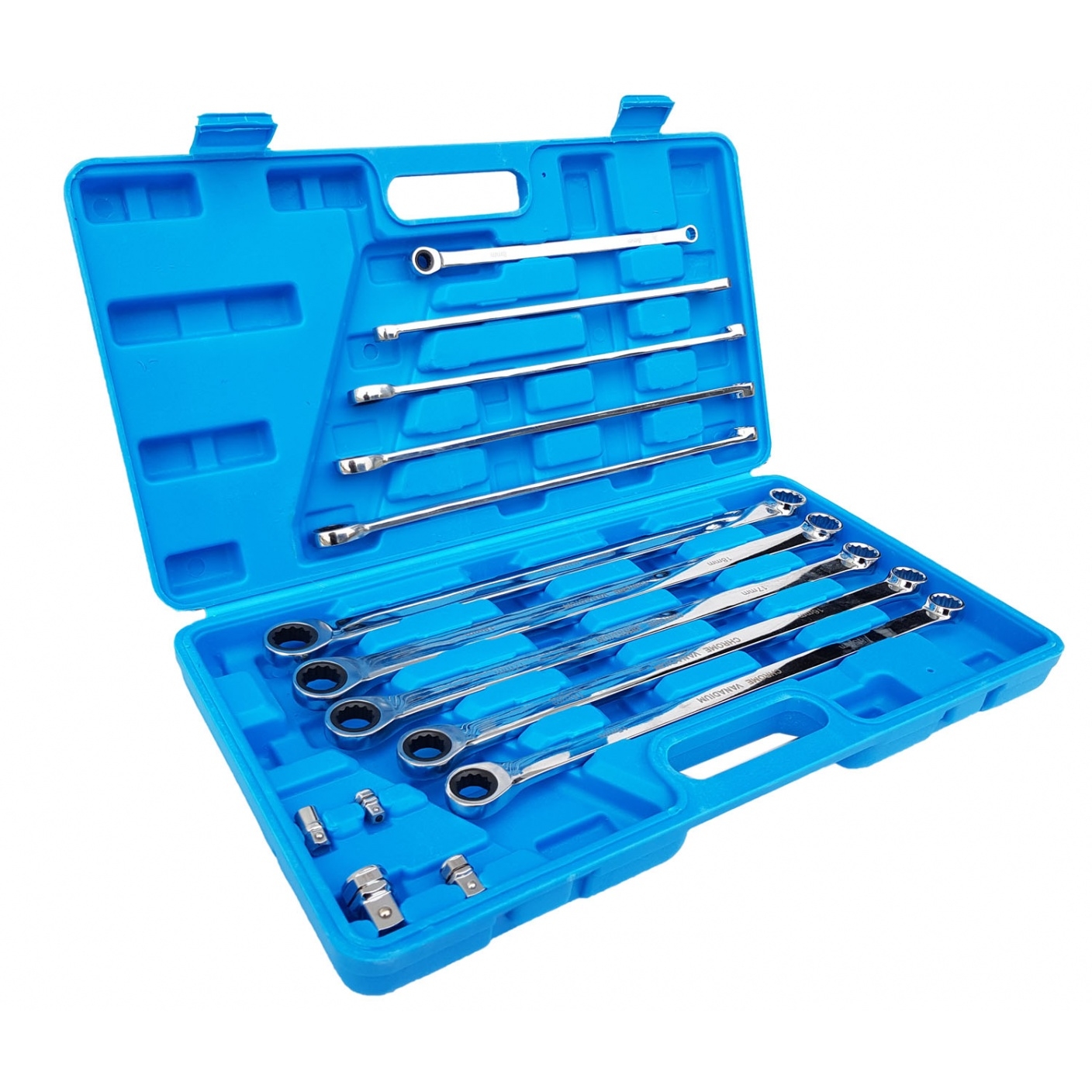 terksliniu-dvipusiu-raktu-rinkinys-su-adapteriais-8-19mm-14vnt-5-1 Terkšlinių dvipusių raktų rinkinys su adapteriais 8-19mm 14vnt. - Image 1